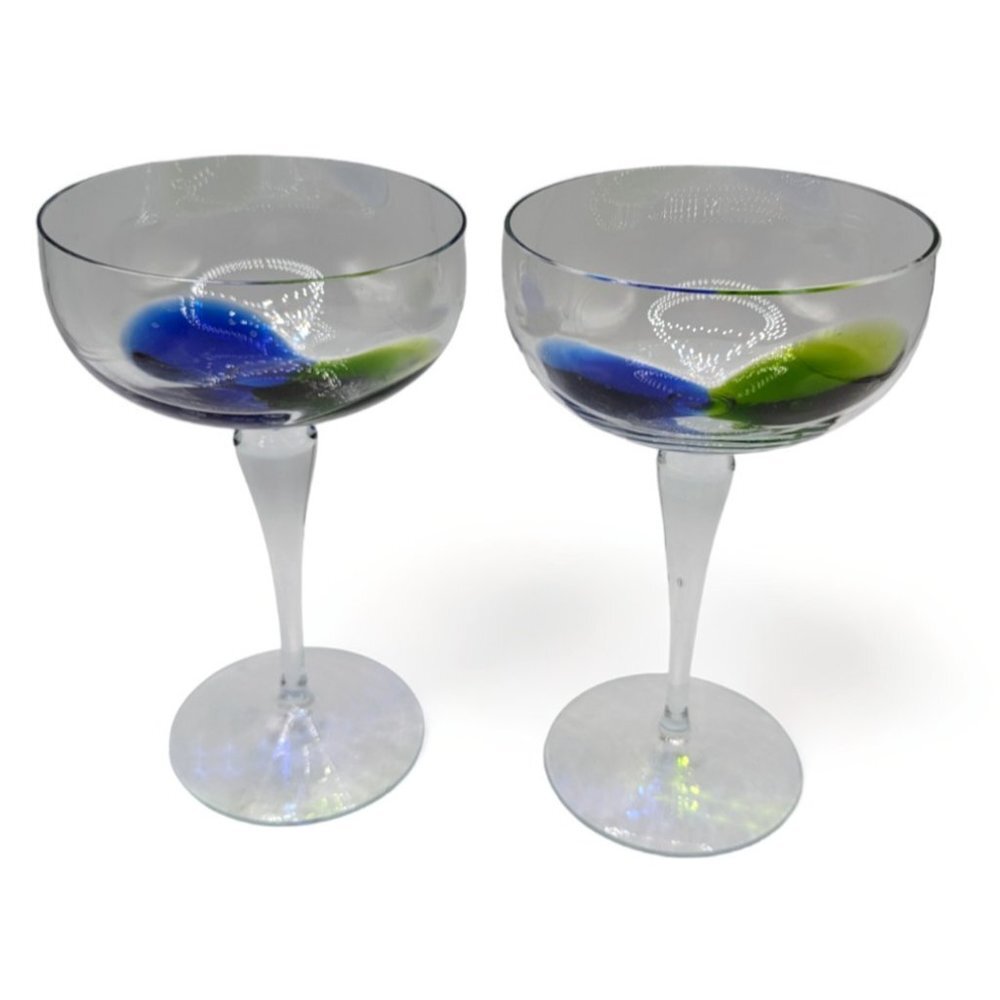 Set of 2 Color Splash Blue and Green Champagne Art Glasses 5" Tall